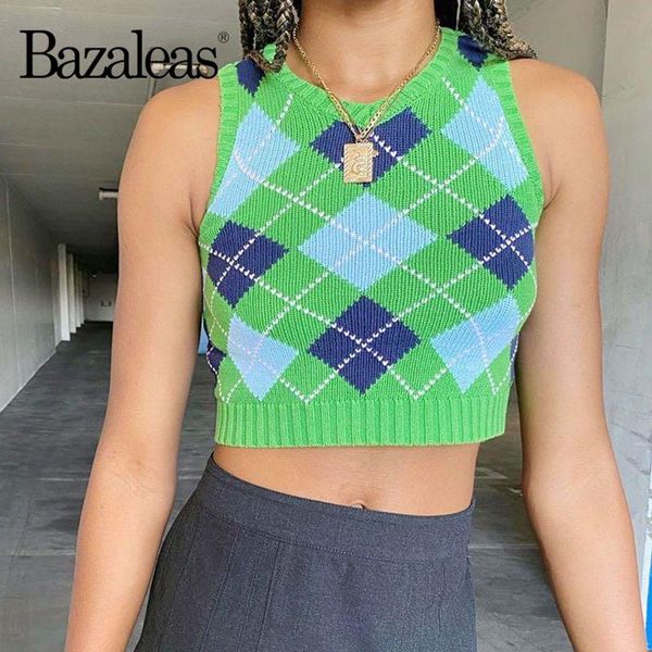 

women's sweaters bazaleas autumn v neck plaid women tank sweater fashion tartan green black pull femme vest vintage patchwork knitted c, White;black