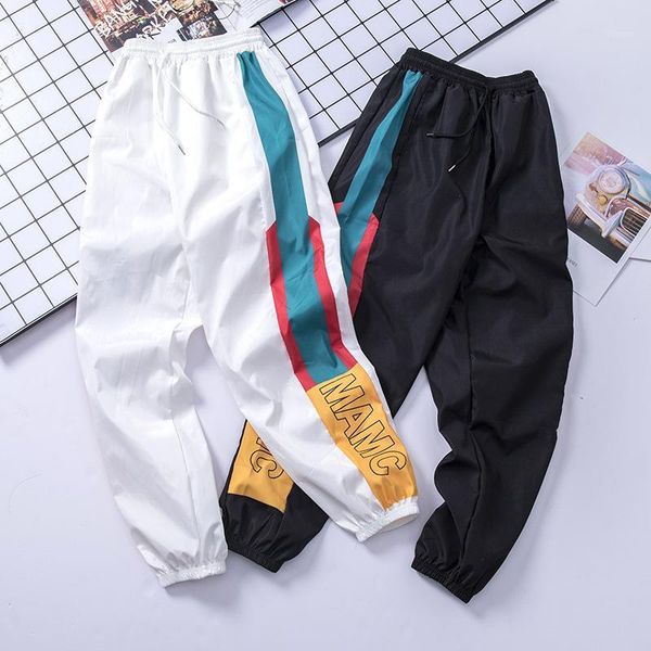 

pants men 2020 label track harem pants homme streetwear male hiphop side stripe track jogger1, Black