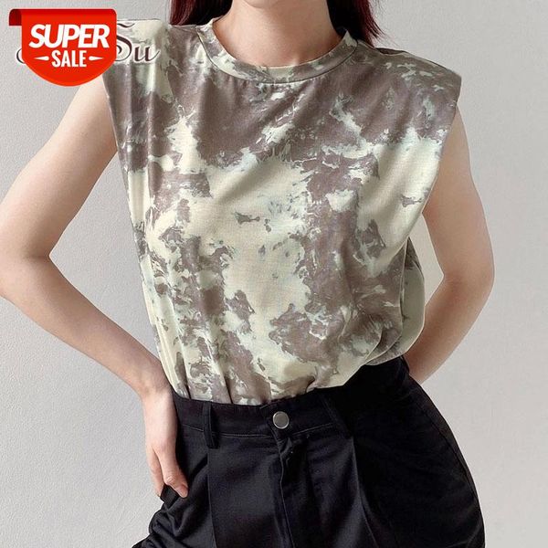 

artsu shoulder pad tie dye sleeveless women tshirt 2020 summer black white casual shirts streetwear ladies fashion asts52149 #qk6f