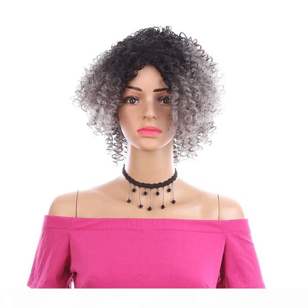 

trendy fashion 10 inch short kinky curly wig ombre grey synthetic afro wigs for women african hairstyle, Black