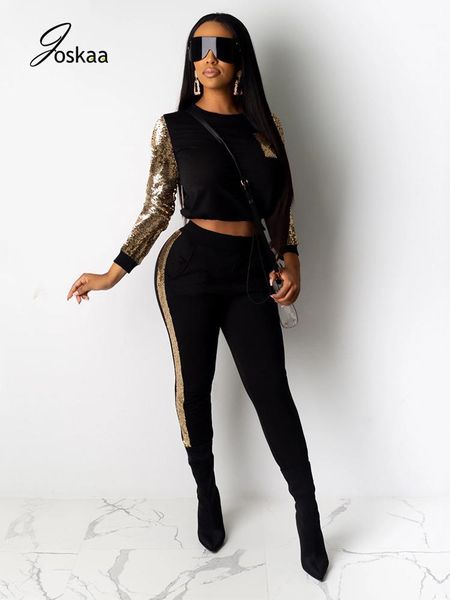 

joskaa autumn winter women suit long sleeve sequin o neck crop elastic street pant female casual clubwear two piece set1, Gray