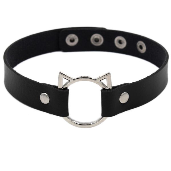

trendy animal cat ear gothic charm metal necklace stud collar woman man gothic punk pu leather hollow choker necklace jewelry, Silver