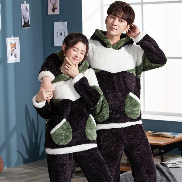 

couple pajama sets winter flannel sleepwear pajamas men and women thick warm comfort long sleeves homewear, Black;brown
