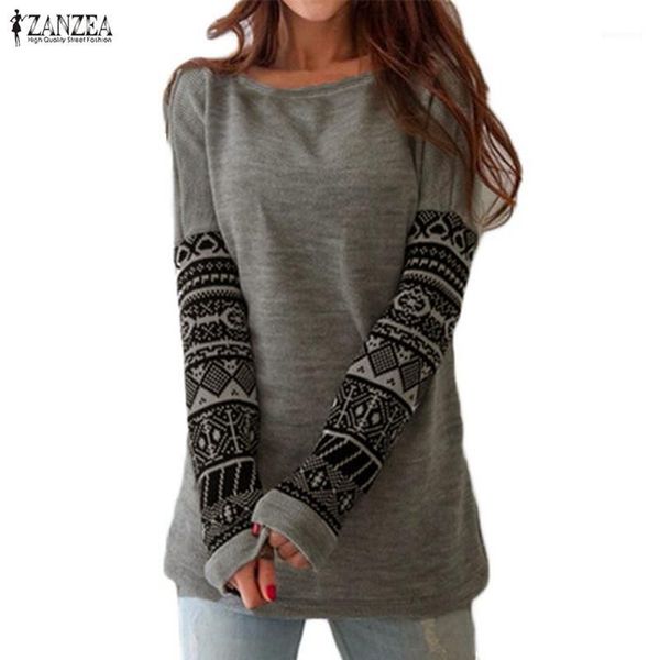 

women's t-shirt zanzea 2021 autumn women tee shirt o neck contrast color printed long sleeve t-shirts female casual loose blusas plus s, White