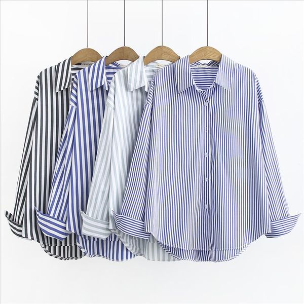 

2019 oversized plus size causal women shirt women spring summer striped shirt drop shipping good quality, White