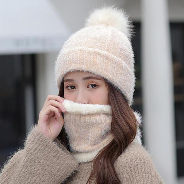 

beanie/skull caps outdoor riding hat scarf set warm winter skullies beanies knitted women thick bonnet beanie cap, Blue;gray