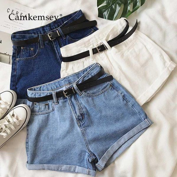 

camkemsey girls summer classic high waist denim shorts 2020 fashion hemming cuffed casual white blue jeans shorts with belt1, White;black