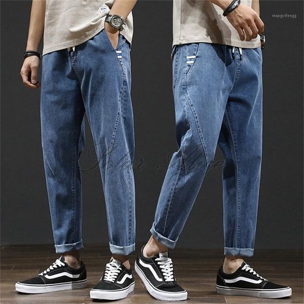 

2020 men's four seasons new elastic waist jeans youth stitching tethered casual pants1, Blue