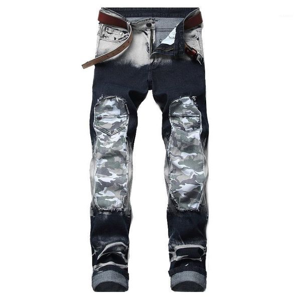 

2020 spring new streetwear men clothes fashion ripped hole patcwork trend jeans casual denim pants big size 421, Blue