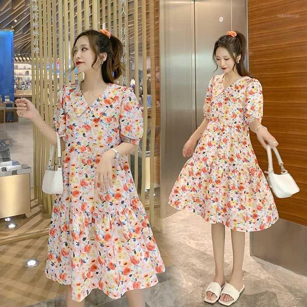 

090# maternity clothes summer short sleeve easy matching loose stylish floral dress for pregnant women pregnancy clothes1, White