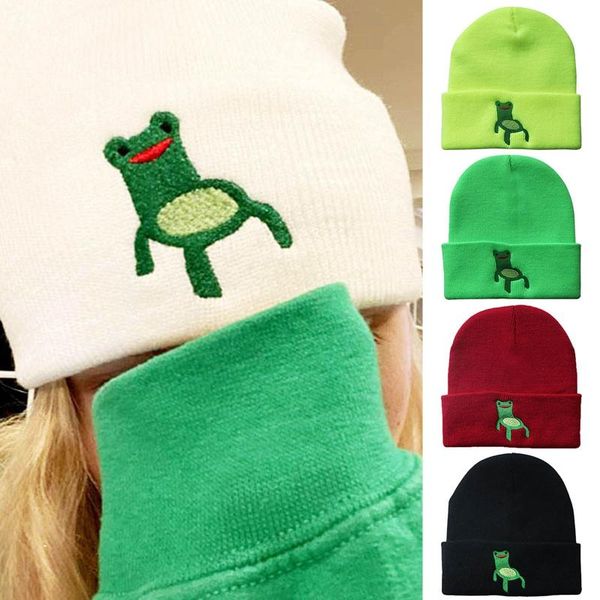 

Cartoon Frog Embroidery Knitted Hat Women Knitted Winter Soft Hat Elastic Beanie Cap Trend Skateboard Color Casual Hip Hop, Blue;gray