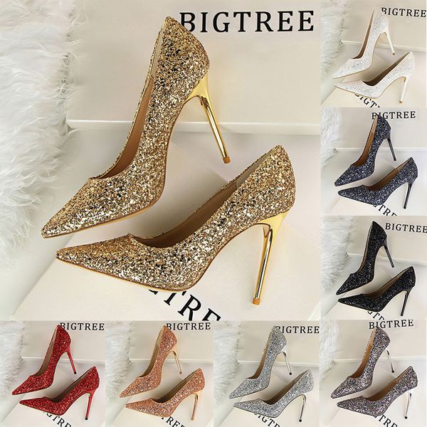 

breath women's high heels shoes shallow mouth pointed toe shiny glitter sequins nightclub stiletto heels wedding dress shoe girl pumps, Black