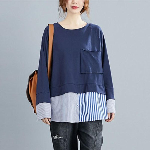 

women loose casual sweatshirt autumn simple style o-neck patchwork color false 2 pieces female cotton kg-8, Black