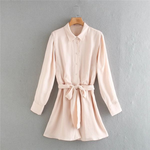 

2021 new satin shirt women vintage long sleeves pleated cuffs short dress fashion elastic waist tied belt button dresses gkip, Black;gray