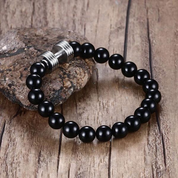 

synthetic black beaded bracelet with stainless steel dumbbell charm, Golden;silver