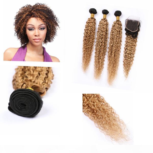 

ombre honey blonde weave curly hair human bundles with closure 4" * 4" dark root kinky curly ombre indian curly bundles and closur, Black;brown