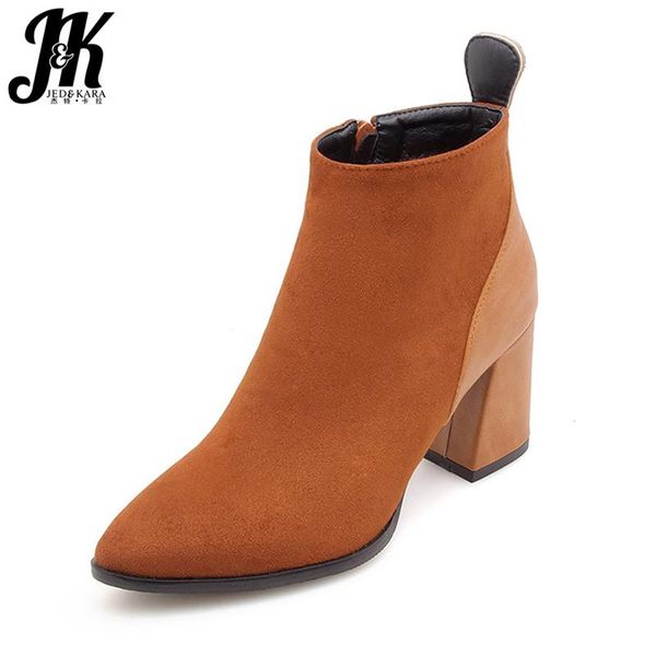 

jk high heels ankle women boots flock pointed toe female bootie winter warm shoes thick heels footwear super big size 32-47, Black