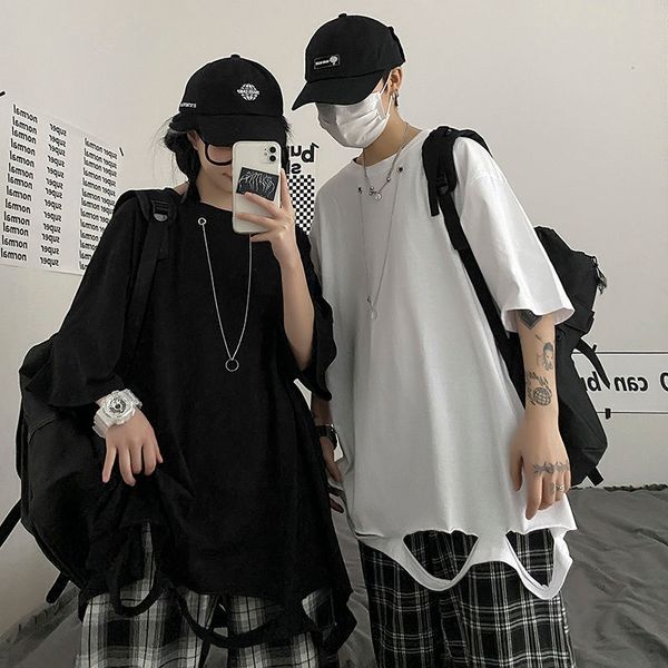 

2021 new men's loose solid color short sleeve t-shirt couple casual oversize korean streetwear tees harajuku t shirts usuo, Black