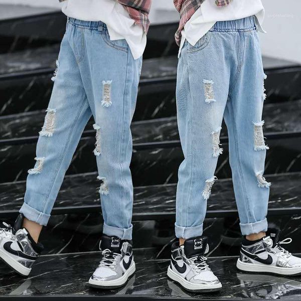 

girls' children's clothing spring and summer hole jeans summer loose children's pants big girls' fashion casual thin den, Blue
