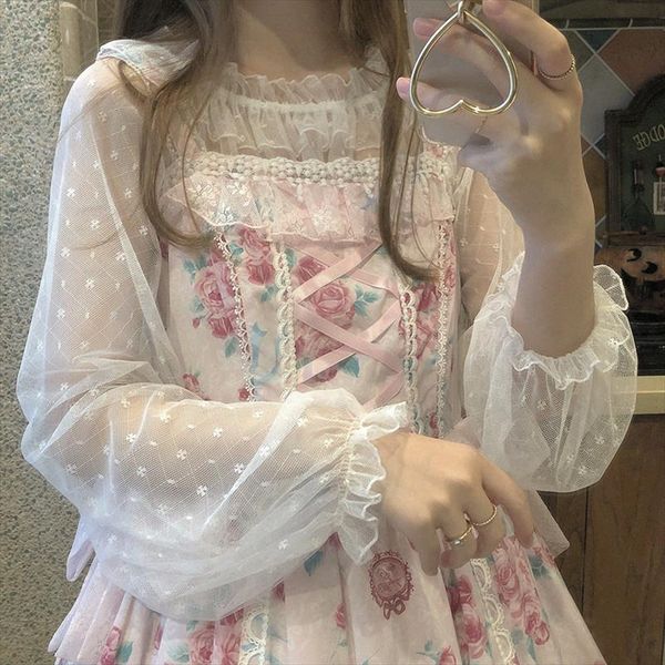 

new cute wild lolita shirt lace lantern sleeve women blouses chiffon bud mesh gauze blouse elegant inside lace top, White