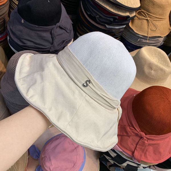 

korean women's spring new and summer color matching s letter bow tie decoration sunscreen fisherman's hat tide, Blue;gray