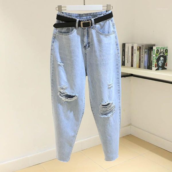 

light blue hole ripped jeans for women new vintage washed thin high waist women jeans denim harem pants casual jean femme c64021