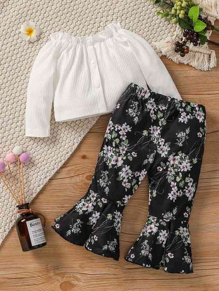 

baby frill trim & floral print flare leg pants she, White