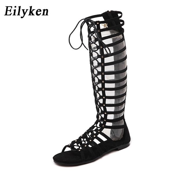 

eilyke leather women sandals strappy open toe knee high summer gladiator flat sandals roman bandage casual boots y200405, Black