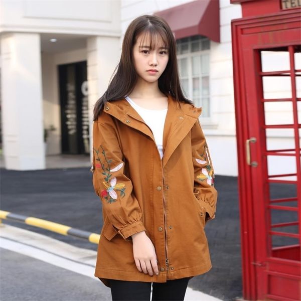 

s74 spring casual women trench coats 4xl oversize women clothing fashion loose washing cotton linen embroidery outerwear 852 201031, Tan;black