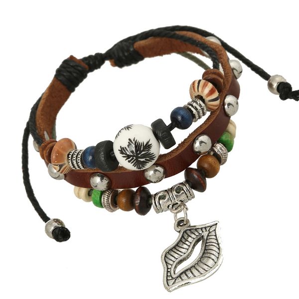 

retro ethnic handmade beading rope leather bracelets lip charm dangle genuine leather women bangles adjustable wristbands, Golden;silver