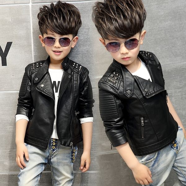 

boys coat children's pu jacket fashion kid outwear solid color long sleeve casual motorcycle jacket spring autumn rivet cool lj200819, Blue;gray