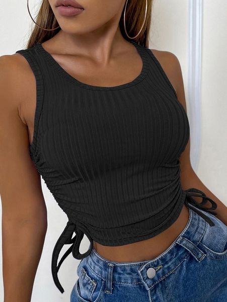 

scoop neck drawstring knot rib-knit tank 83bs#, White