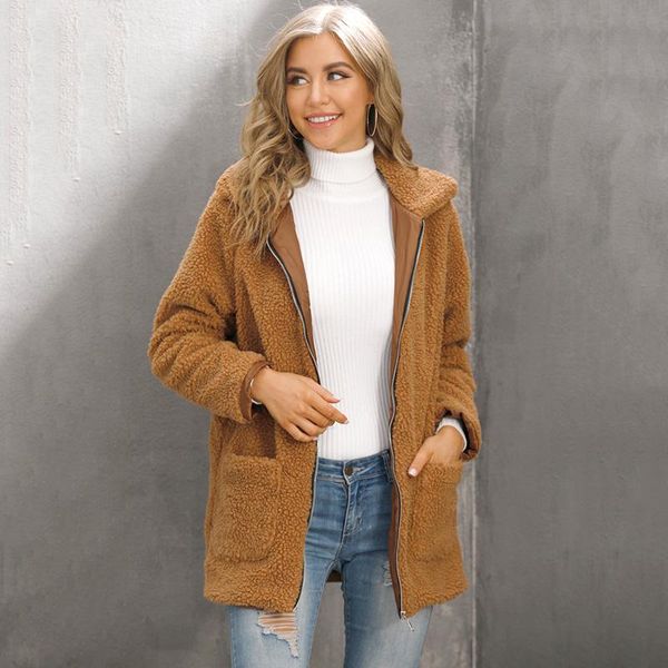 

women's fur & faux fashion lamb wool zipper jacket with pockets autumn winter long sleeve warm coat casual brown lapel outerwear, Black