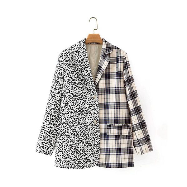 

puwd vintage woman leopard plaid patchwork blazer coat 2020 fashion ladies autumn single breasted jacket female loose outwear, White;black
