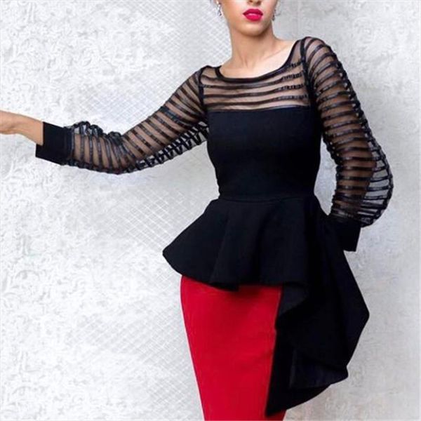 

женщины blouse buckwork tops рубашка смотрит через тонкий тюль с длинным рукавом peplum slim summer fashion elegant lady bluas drop shipping, White