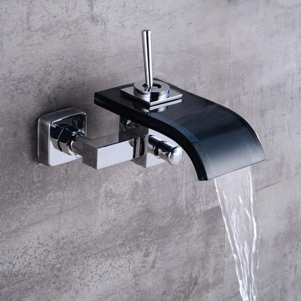 

бесплатная доставка водопад черный стекло и хромированные латунные крана настенные ванны кран одно рукоятка бассейна крана lh 8001 bbyshz