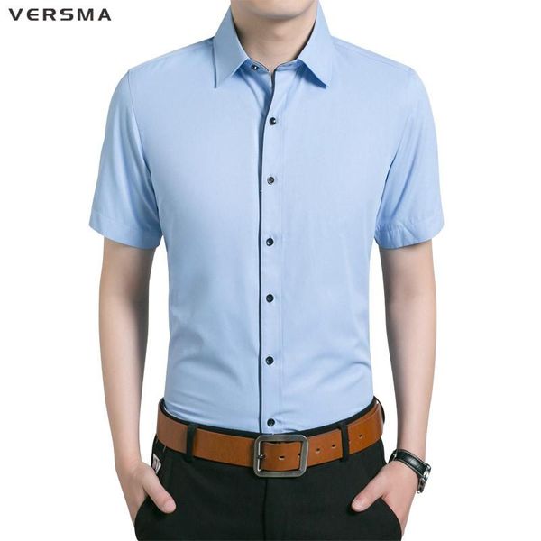 

versma 2020 fashion casual solid color cotton men dress shirt short sleeve chemise camisa male social purple shirt plus size 5xl, White;black