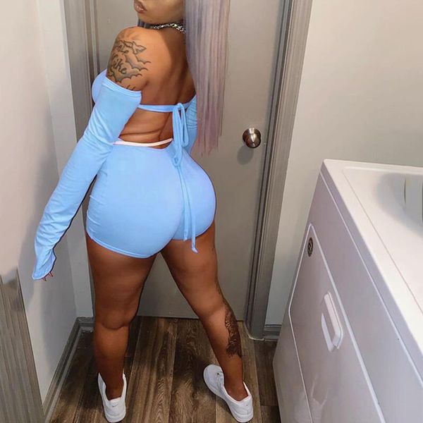 

women trendy streetwear jumpsuit shorts off-shoulder solid color casual long sleeve backless bandage skinny playsuit 2020, Black;white