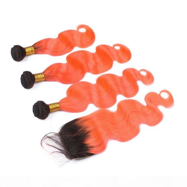 

orange ombre virgin peruvian human hair weave dark root with 4x4 lace closure #1b orange ombre 3bundles body wave wavy with closure, Black;brown