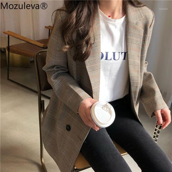 

mozuleva office ladies notched collar plaid women blazer double breasted autumn jacket 2018 casual pockets female suits coat1, White;black