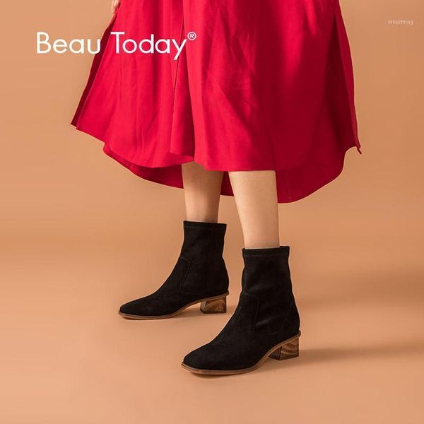 

boots beautoday ankle women kid suede leather square toe slip-on sock autumn winter ladies med heel shoes handmade 038181, Black