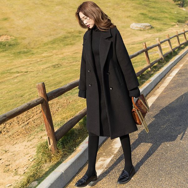 

black women's middle long autumn winter 2020 new hepburn style thin and thick woolen coat