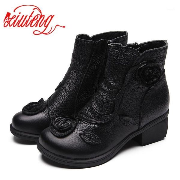

boots xiutenrg 2021 thick with genuine leather shoes hand-stitched winter warm flower ankle for monther gift1, Black
