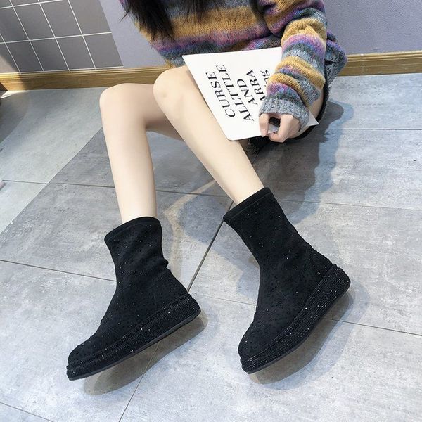 

designer womens shoes warm comfortable and fashionable 2020 winter new style rhinestone full rhinestone elastic sleeve elastic, Black