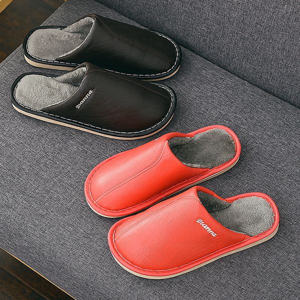 

women's shoes new winter fashion leather waterproof lovers cotton slippers flat comfortable non-slip home warm slippers x1020, Black