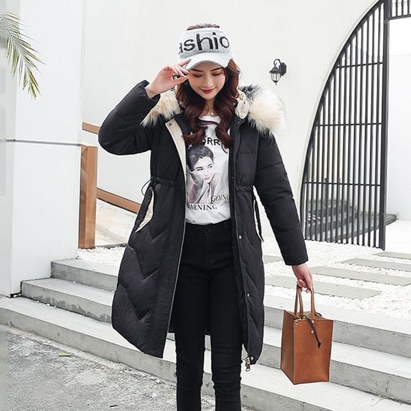 

2020 winter women long jacket solid slim parkas hooded thicken plus size color fur collar korean style cotton padded frau jacke1, Black