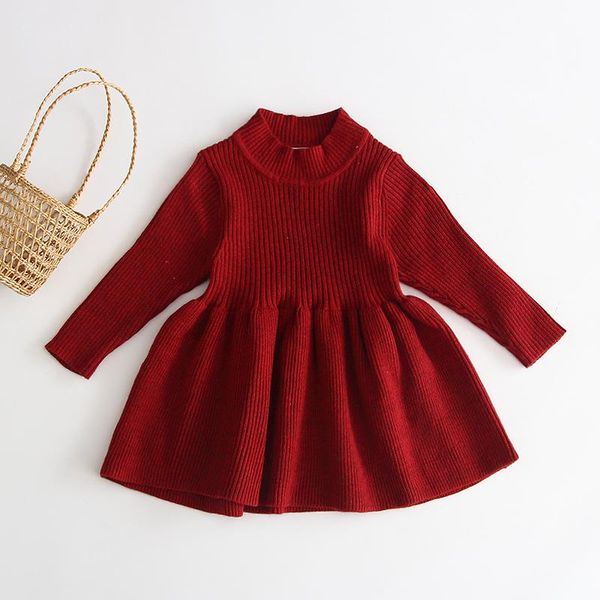 

girl's dresses 0-5y autumn winter warm sweater dress kids baby girls solid long sleeve knit slim a-line, Red;yellow