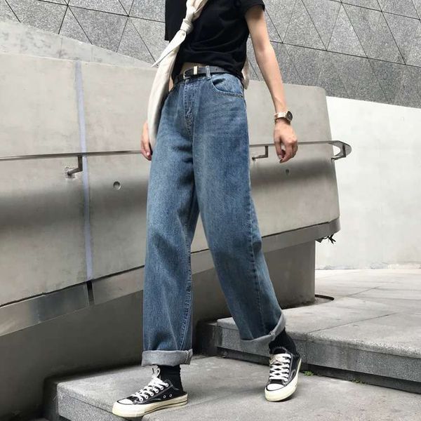 

korean version of ulzzang wash street versatile high waist loose bf straight tube jeans pants for women, Blue