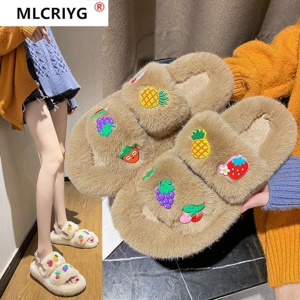 

cute girl cartoon autumn and winter comfortable fur slippers fashion warm cotton shoes woman fur slides shoes for women sandals y1202, Black
