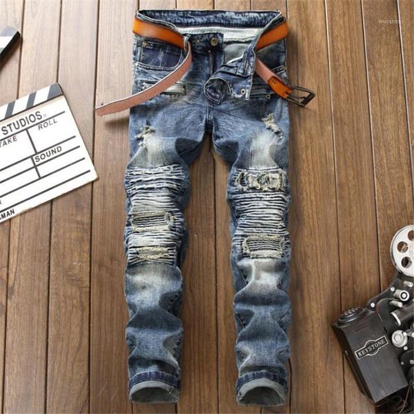 

new 2020 fashion vintage motorcycle biker jeans men, slim straight denim pants rock star punk jeans homme trousers1, Blue